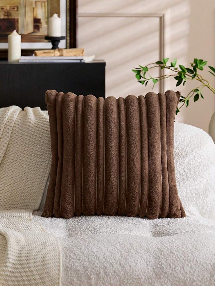 1pc Brown Textured Thick & Thin Stripe Rabbit Fur Decorative Throw Pillow Cover, Jacquard Rabbit Fur Front, Plush Velvet Reverse, Square Cushion Sham, Holiday Home Decor Pillow Case, Soft Velvet Fabric, Modern Decor For Sofa, Bedroom - Brown - View 13