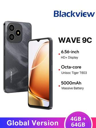  Blackview WAVE 9C 智能手机全球版，4GB+128GB/64GB 存储，搭载紫光展锐 Tiger T603 处理器，6.56 英寸高清+ IPS 显示屏，分辨率 720*1612，1300 万像素前置摄像头，5000mAh 电池，支持 10W 充电，运行基于 Android 15 的 DokeOS 4.2 系统。