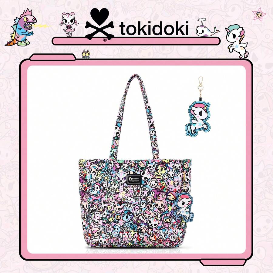 Official Tokidoki Tote Bag With Unicorno Keychain, Cartoon Canvas Bag Handbag Large Capacity Shoulder Bag For Women Girls - Hồng - Xem 1