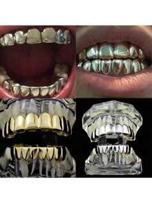 1/2 szt. 18-karatowych złotych, srebrzystych, platerowanych zębów HIP HOP, zestaw grilli na górne i dolne zęby z silikonem, prawdziwe błyszczące zestawy zębów wampira, modne stroje hiphopowe, złote aparaty ortodontyczne, osiem zębów, pozłacane aparaty ortodontyczne, dekoracja zębów na Halloween, modna, kreatywna i fajna biżuteria dentystyczna w stylu hip-hop