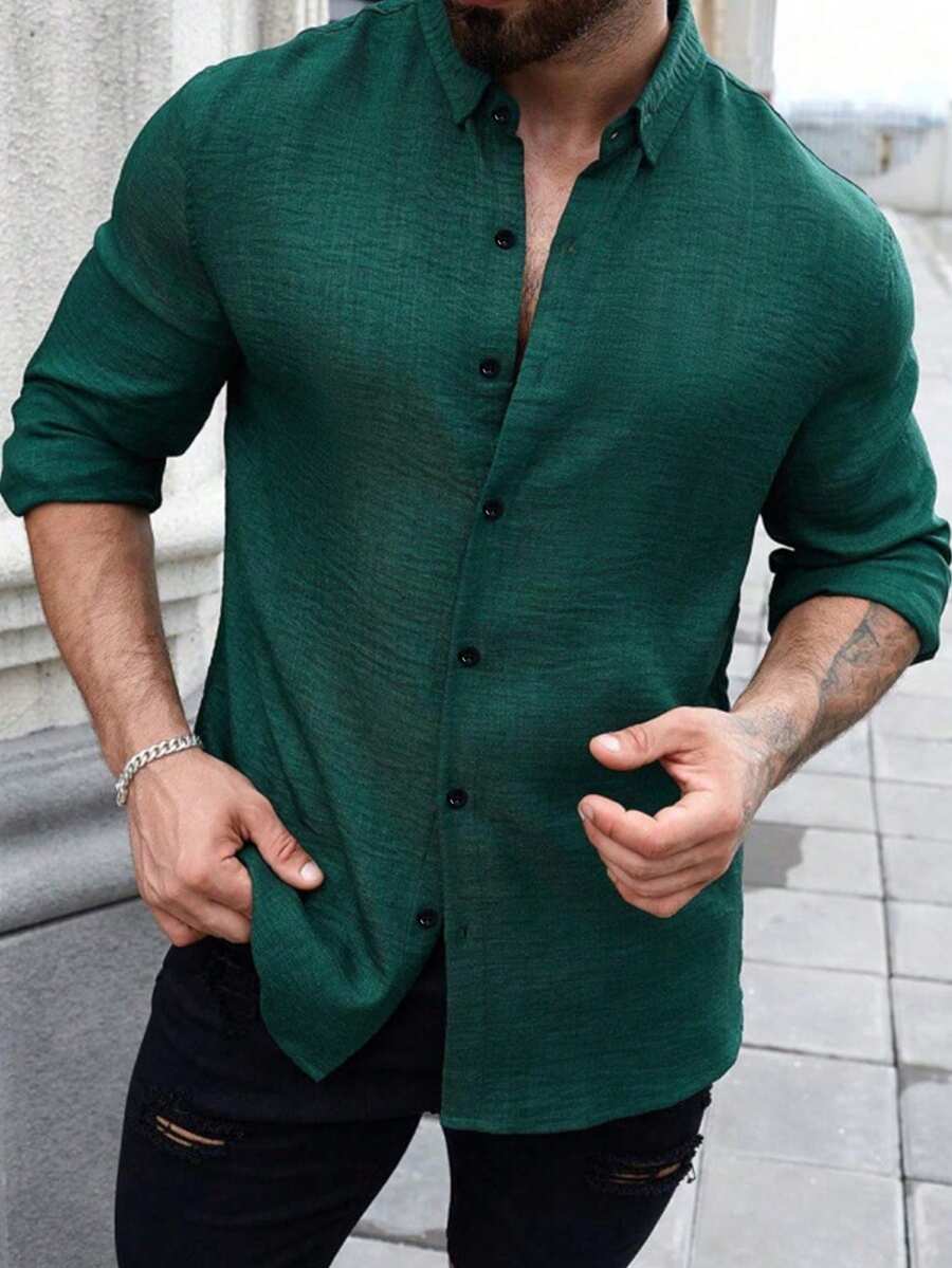Men's Green Casual Long Sleeve Shirt, Outdoor Leisure Minimalist Fashion Shirt, Casual Jacket - Green - View 1