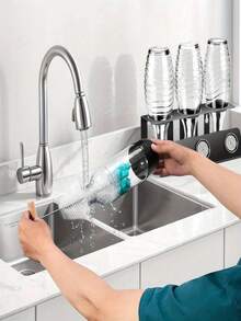 13.78 英寸人体工学手柄刷，白色刷毛搭配蓝绿色海绵 - 适用于玻璃瓶、塑料瓶、保温瓶、酒瓶、破壁器，强力清洁水瓶，不伤瓶身，厨房配件，瓶刷，瓶子清洁刷，吸管清洁器，清洁用品，清洁刷，清洁工具