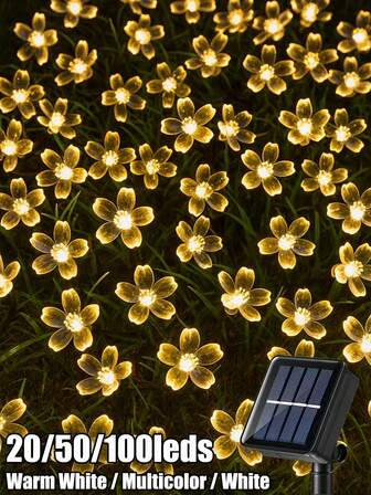 1pc 20/50/100leds Flowers Solar String Lights Outdoor Waterproof LED Solar Light 5M/7M/12M Cherry Flower Lights Twinkle 8 Modes Christmas Garden Party Camping ,Trees, Walls, Fences Decoration(Multicolor/WHITE/Warm White)