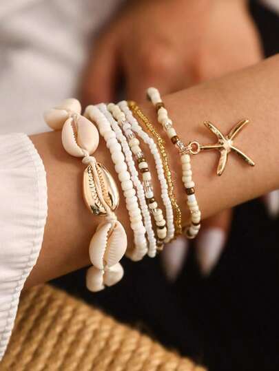 7 Peças Pulseiras De Miçangas Estilo Boêmio Com Concha, Belas E Pingentes De Estrela Do Mar Para Mulheres (cores Das Contas São Aleatórias)