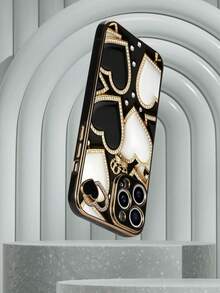 1pc Black TPU Electroplated Heart Pattern Shockproof Phone Case & 1pc Black Electroplated Rhinestone Heart Matching Phone Case, Interesting Phone Case