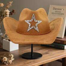 Western Style Wide Brimmed Hat Stylish Diamond Pentagram Decorative Suede Cowgirl Cap For Men Women Outdoor Wear - Khaki - View 5