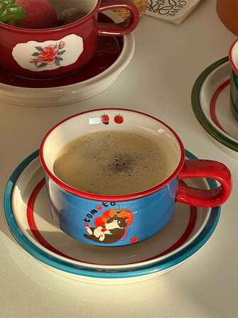 1 套复古番茄猫陶瓷杯碟套装，下午茶、甜点、牛奶、咖啡、情侣的高品质餐具套装，适合家庭、餐厅、咖啡厅、礼物