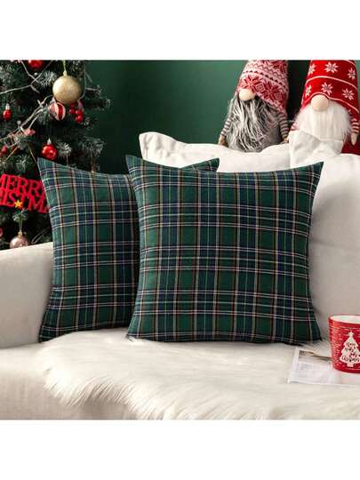 1pc Green Plaid Christmas Throw Pillow Cover, Home Sofa Decor Cushion Cover, Holiday Pillow Case