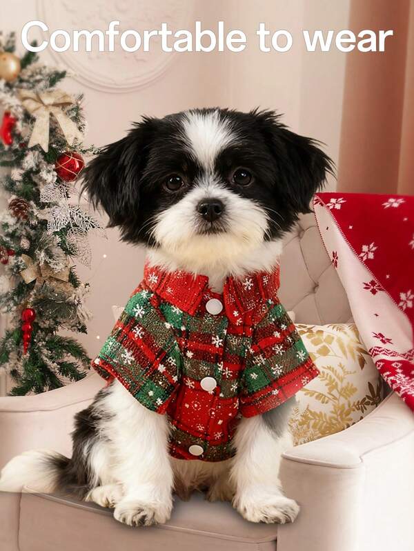 1pc Pet Dog Soft & Cute Festive Christmas Atmosphere Outfit, Red & Green Color/Plaid/Snowflake Print, Short Sleeve Shirt, Suitable For Teddy, Poodle, Small Breed Dogs
