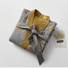 Men's Long Sleeve Robe, Lightweight Jacquard Weave 100% Cotton Bathrobe With Sash, Elegant Chinese Style For Spring & Summer