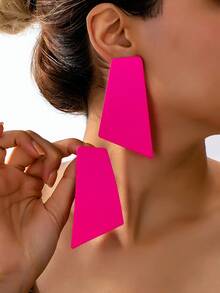 1 对简约时尚几何不对称朋克风格耳环，适合度假、派对、女士珠宝 - 玫紅色 - 查看 1