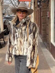 女士动物纹人造毛皮外套，冬季长袖立领蓬松加厚保暖时尚休闲毛皮大衣 - 黑色 - 查看 3