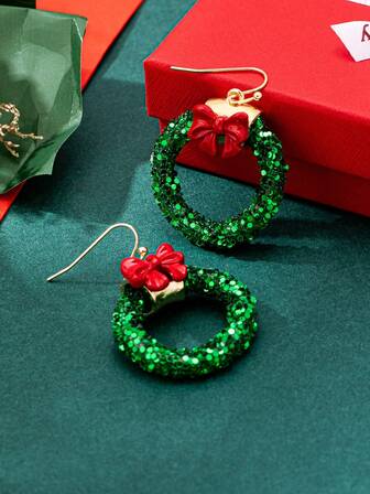 1 pereche cercei cu fundă cerc verde, stil european și american, potriviți pentru petreceri de femei, ținute de Crăciun sau cadouri