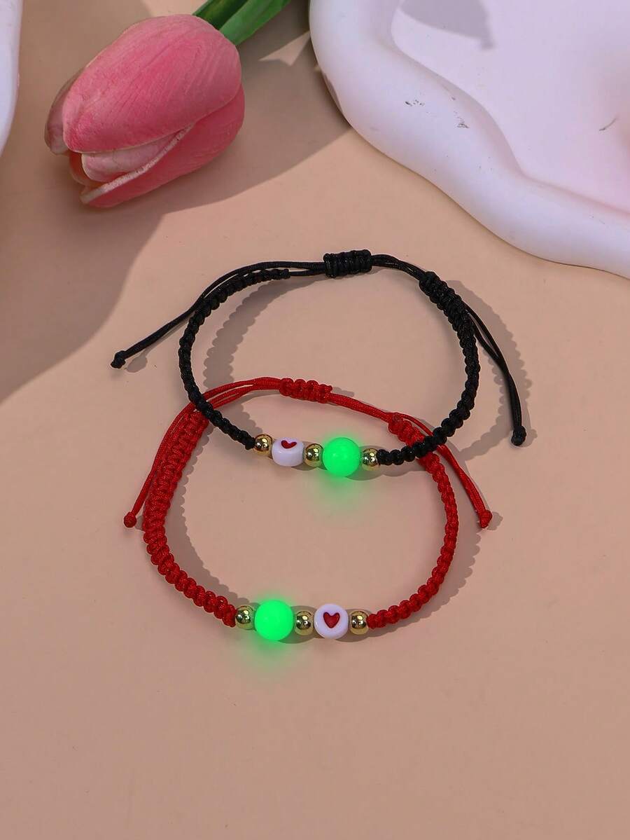 Set de 2 brățări cu mărgele care strălucesc în întuneric, pentru femei, cupluri, prietenie, zi de zi, festival, accesorii pentru ținute de petrecere
