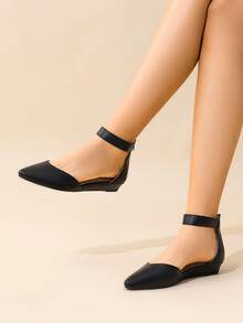 Women Flats Ankle Strap Pointed Toe 1-Inch Low Wedge Heel Flats Fashion Classic Dress Shoes For Wedding Daily Commute - ĐEN/PU - Xem 3