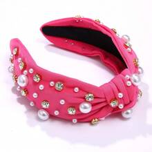 Pearl Knotted Headband For Women White Pearl Rhinestone Crystal Jeweled Embellished Hairband Fashion Elegant Ladies Wide Top Knot Bride Boho Head Band Headpieces Bachelorette Party Hair Accessories - 熱粉色結髮帶 - 查看 10