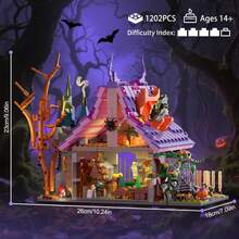 [Creative Buidling Blocks]Witch's Enchanted Cottage Building Set With Lights, 1200+ Pcs Halloween Haunted House Blocks Toy, Magical House Kit For Witches & Wizards, Halloween House Kit For Teens 14+ & Adults, Best Gift For Halloween & Christmas - Purple - View 3