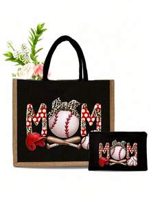 棒球妈妈生活帆布手提袋、零钱包、字母图案、拉链袋、个性化礼品包装、卡通趣味多用途手提袋、黑色黄麻手提袋配黑色按扣、购物袋、化妆包 - 彩色 - 查看 8
