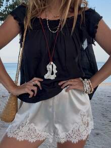 Women Satin Silk Shorts Lace Trim Patchwork Mini Micro Shorts Silky Low Rise Coquette Lounge Slip Bottoms Y2k Summer Wide Leg Lounge Shorts For Streetwear - 白色 - 查看 1