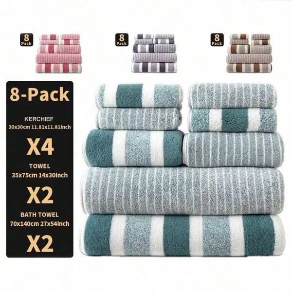 Set di 8 asciugamani a righe, in pile di corallo (fibra sintetica), 2 asciugamani da bagno, 2 asciugamani, 4 salviette, articoli per la casa, regalo di San Valentino per donne, decorazione da bagno, accessori da bagno, decorazione per la casa, adatto per casa, scuola, viaggio, leggero e portatile, regalo perfetto per compleanni e vacanze per la famiglia, regalo per lei, regalo per San Valentino e Natale