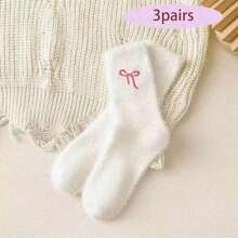 5 Pairs Of Women's Plush Bow Mid-Calf Socks Winter Fleece-Lined Thick Warm Sleep Socks Pink Set