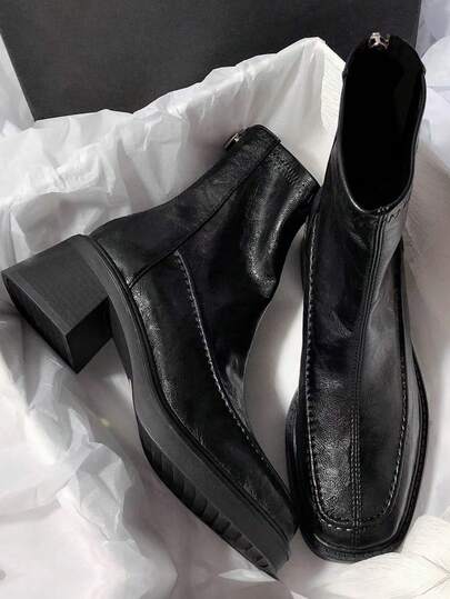 Fall/Winter Stretchy Ankle Boots, New Commuter Style Leather Square Toe Chunky Heel Back Zipper Skinny Boots,Elegant