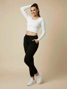 Women's Plush Jogger Sweatpants With Drawstring And Pocket | Winter Pants, Cold Weather Clothing, Comfortable, Warm, Casual, Thermal - màu đen - Xem 11