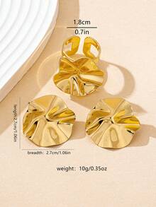 3pcs/Set Punk Style Gold Metal Geometric Pleated Round Pendant Earrings & Ring Set, Suitable For Women's Daily & Party Outfits - Yellow Gold - View 5