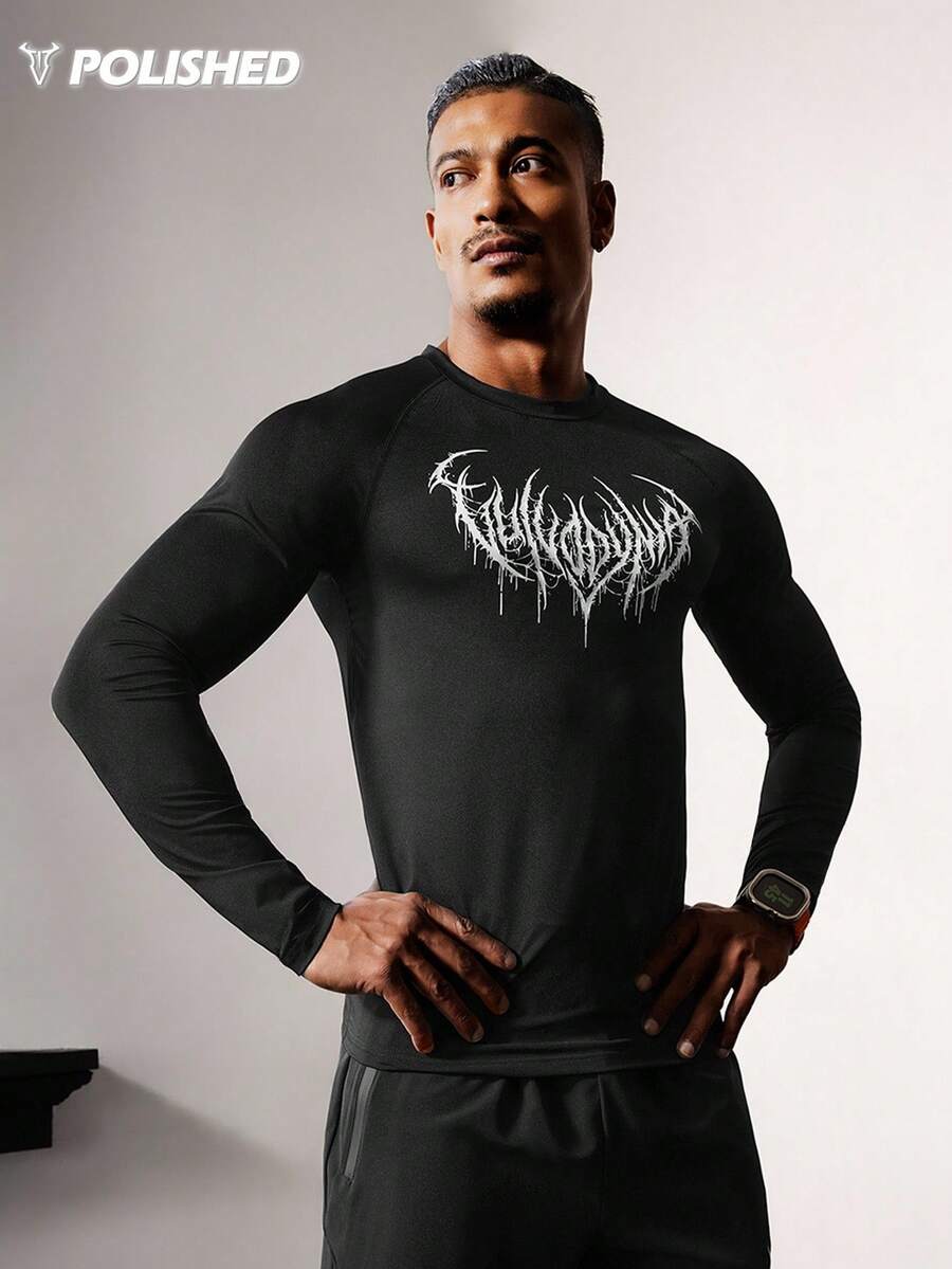 Acti Log 1pc Men's Contrast Color Print Long Sleeve Fitted Sports T-Shirt Compression Long Sleeve Rash Guard Graphic Compression Shirt Spandex Shirts Gym Tops Long Sleeve Breathable Comfortable Slim Fit For Gym Training Compression Performance T-Shirt - Black - View 1