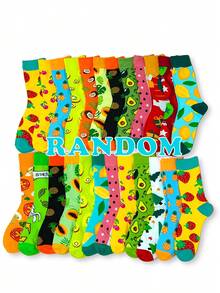 6/10/12/16 Pairs Assorted Fruit Pattern Mid-Calf Socks, Comfortable Soft Polyester Blend, Suitable For Daily Casual Outdoor Wear, Great Gift For Family, Friends And Colleagues, Unisex, Autumn/Winter