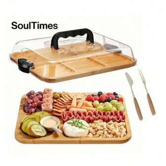 Bamboo Cheese Tray With Safety Sealed Acrylic Lid - Portable Bamboo Snack Plate For Camping, Parties And Restaurants. Suitable For Cooked Food Platters, Festival Appetizers And Delicious Snacks. Stylish Transparent Lid Design And Packaging Material