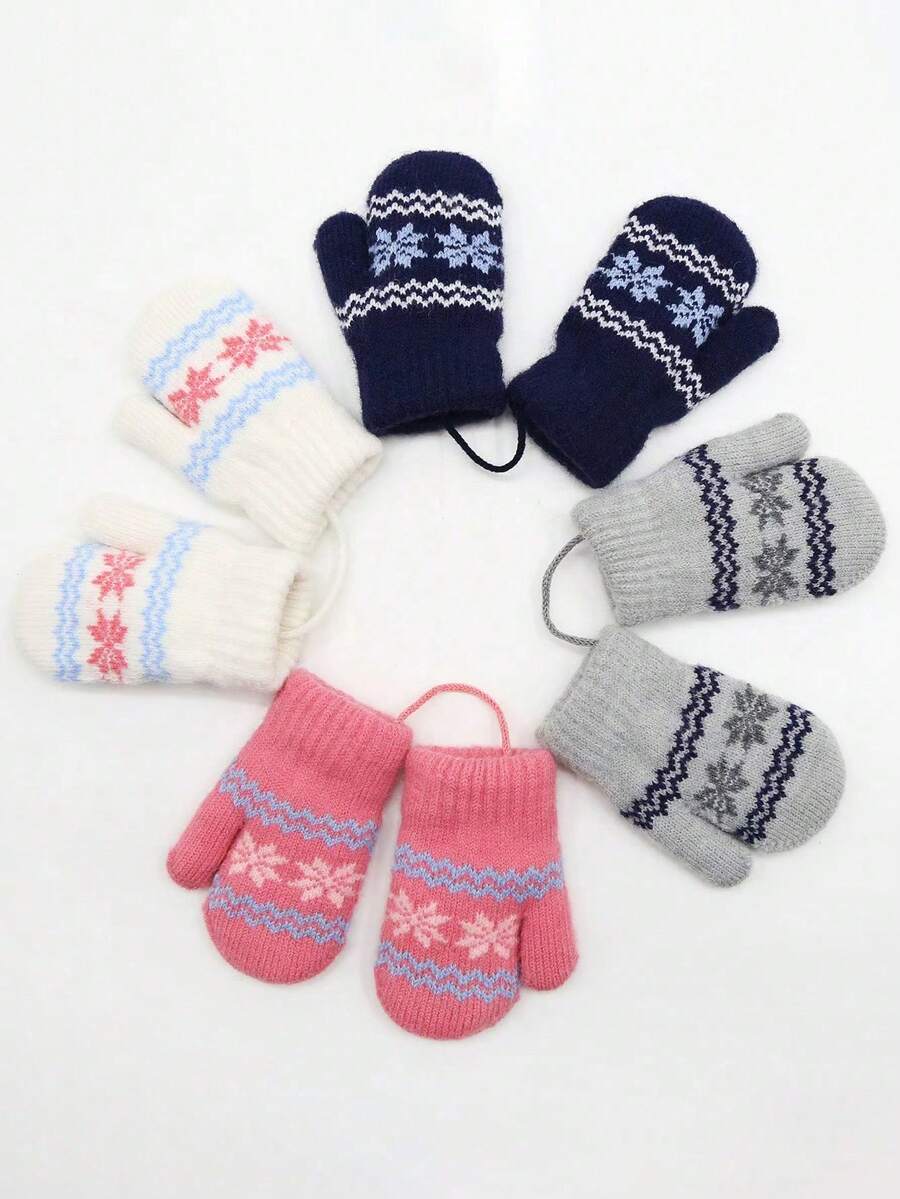 1-2 Years Old Kids Winter Mittens Gloves, Snowflake Print Knitted Gloves With Anti-Lost Strap, Stretchy Warm Knitted Gloves For Boys And Girls, Suitable For Outdoor, Travel, Party, Daily Wear - Multicolor - View 1