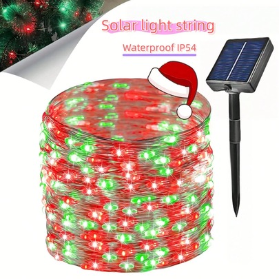 أضواء عيد الميلاد بالطاقة الشمسية للخارج، أضواء سلسلة LED مقاومة للماء IP54، 8 أوضاع، قابلة للتركيب، سلك نحاسي مرن، باللون الأحمر والأبيض والأخضر لديكور الحديقة والفناء والمناسبات