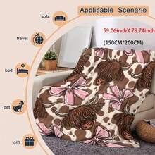 1pc Highland Cow & Pink Bows Flannel Blanket - Soft Warm All-Season Throw For Office, Bed, Sofa, Camping - Contemporary Cozy Gift With Background Design, Cow Blanket - 多色 17 - 查看 8
