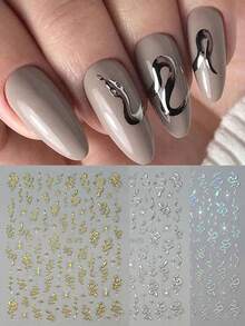 4片闪亮金色蛇形美甲贴片，Y2K激光银黑色蛇形美甲贴纸，闪光星空美甲贴花 - 彩色 - 查看 4