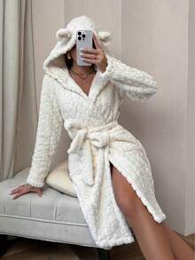Coral Fleece Hooded Bathrobe, 3D Tortoiseshell Texture, Soft Comfortable Absorbent Loungewear - Multicolor - View 3