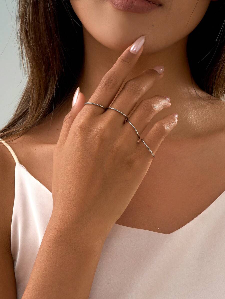 Nooxian 4pcs Minimalist Stainless Steel Plain Band Knuckle Rings Set For Women - Silver - View 1