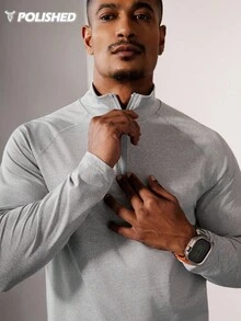 Manfinity Sport Polished 男士纯色长袖休闲运动 T 恤，简约时尚，适合日常穿着，四向弹力材质，吸汗，轻盈简约设计，四分之一拉链，修身版型，适合健身运动 - T