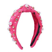 Pearl Knotted Headband For Women White Pearl Rhinestone Crystal Jeweled Embellished Hairband Fashion Elegant Ladies Wide Top Knot Bride Boho Head Band Headpieces Bachelorette Party Hair Accessories - 熱粉色結髮帶 - 查看 4