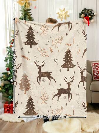 1pc Vintage Minimalist Style Christmas Reindeer, Christmas Stocking, Animal Deer, Pine Tree, Christmas Pattern Plush Blanket, Soft & Warm, Suitable For All Seasons, Living Room, Sofa, Lounge Chair, Bedroom, Car Travel, Camping, Office Home Decor, Great Gift