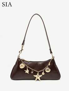 SIA 女士复古简约仿皮棕色水生生物金属装饰单肩/腋下法棍包，适合工作、通勤、约会、派对等场合。 - 棕色 - 查看 1