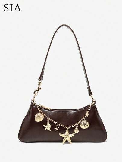 SIA Women Vintage Minimalist Faux Leather Brown Aquatic Creature Metal Decor Shoulder Underarm Baguette Bag, Suitable For Work, Commute, Date, Party