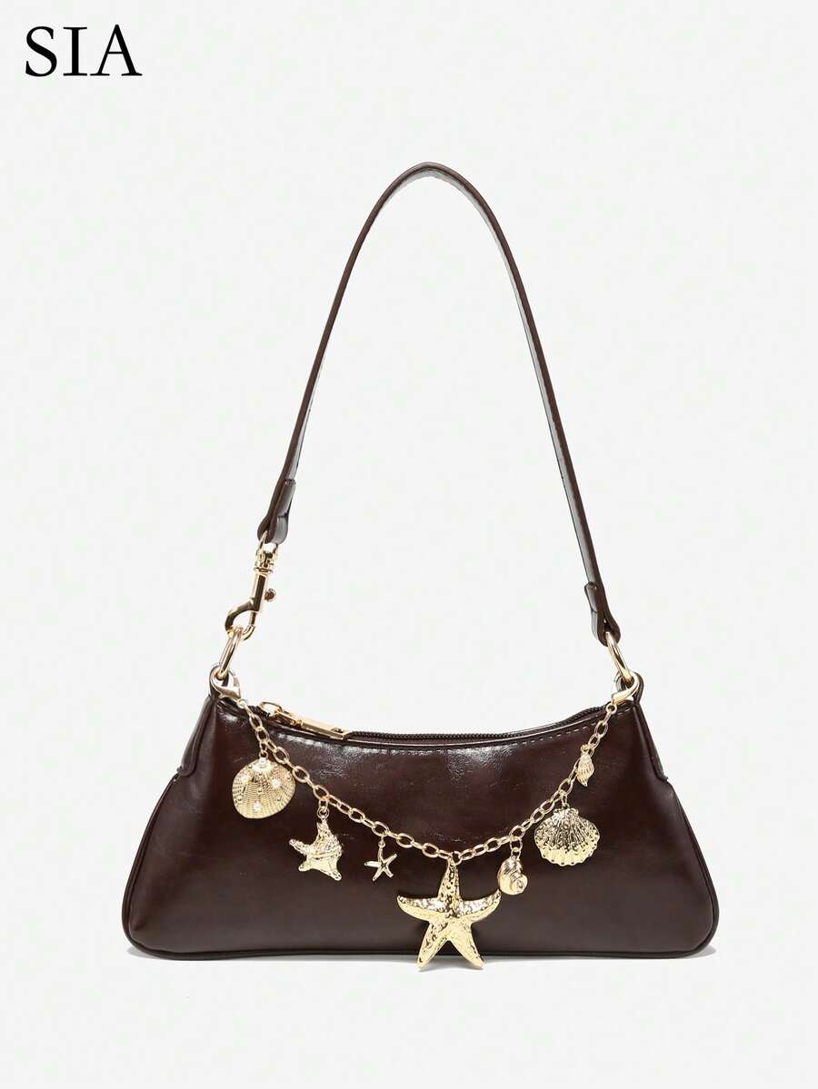 SIA 女士复古简约仿皮棕色水生生物金属装饰单肩/腋下法棍包，适合工作、通勤、约会、派对等场合。 - 棕色 - 查看 1