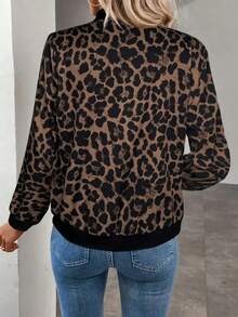 Blusa de manga larga talla grande, estampado de leopardo con artesanía acanalada, tela suave de estilo holgado, diseño elegante, casual y minimalista para uso diario