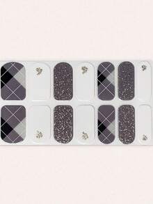 14pcs Geometric Pattern Almond Nail Stickers, Black & White Plaid Long Nail Art Decals Nails - Multicolor - View 2
