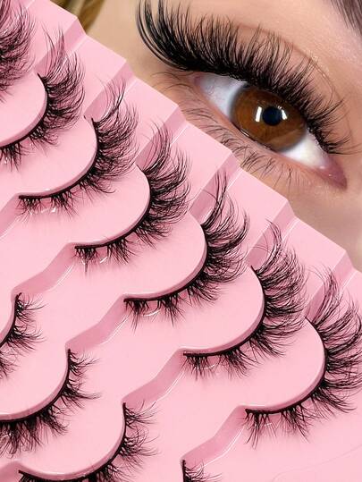 7 对自然纤细猫眼睫毛，仿貂皮短蓬松假睫毛，可重复使用，打造惊艳眼妆