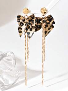 1 par de nuevos y elegantes pendientes largos con lazo y borlas de estampado de leopardo, diseño minimalista para otoño/invierno