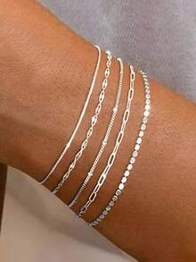 5pcs/Set Elegant Silver-Tone Layered Bracelets For Women, Minimalist Jewelry (Bead Quantity On Chain Is Random, But Length Is Fixed) - Silver 5-piece Set - View 7