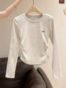 女童黄色 T 恤，蝴蝶刺绣设计，圆领长袖休闲 T 恤，适合女孩