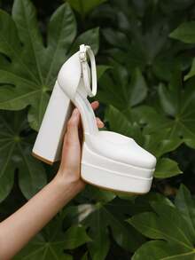 Women High Chunky Platform Closed Toe Block Heels Square Toe Ankle Strap Comfortable  Wedding Party Prom Festival Pumps Shoes - 白色 - 查看 6